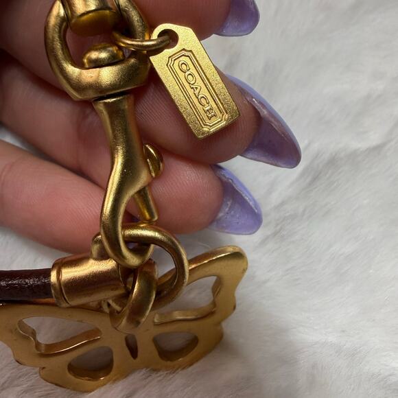COACH Brown Leather Gold Tone Hook Clip with Butterfly Bracelet - Picture 3 of 5